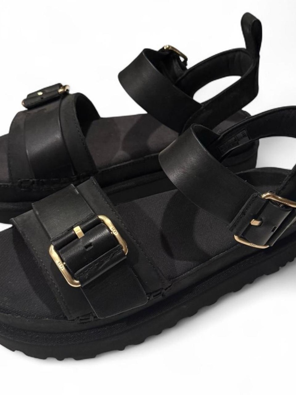 UGG Black Leather Double-Buckle Platform Sandals